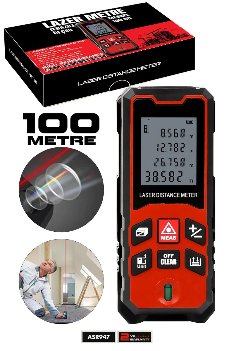 ASSUR Profesyonel Lazer Terazili Dijital Mesafe Ölçer 100 Metre Ölçüm Cihazı Kırmızı Lazer Metre