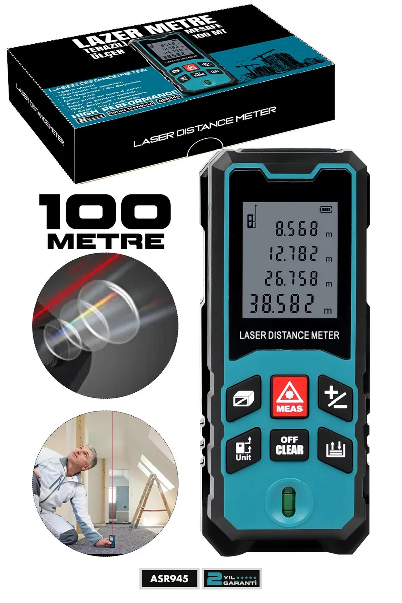 ASSUR Profesyonel Lazer Terazili Dijital Mesafe Ölçer 100 Metre Ölçüm Cihazı Mavi Lazer Metre