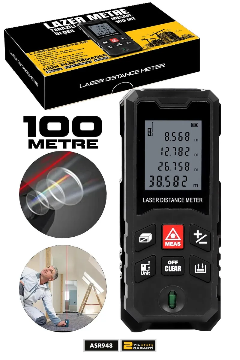 ASSUR Profesyonel Lazer Terazili Dijital Mesafe Ölçer 100 Metre Ölçüm Cihazı Siyah Lazer Metre