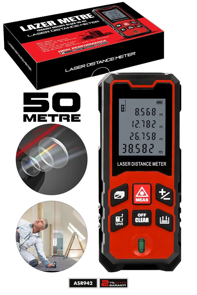 ASSUR Profesyonel Lazer Terazili Dijital Mesafe Ölçer 50 Metre Ölçüm Cihazı Kırmızı Lazer Metre