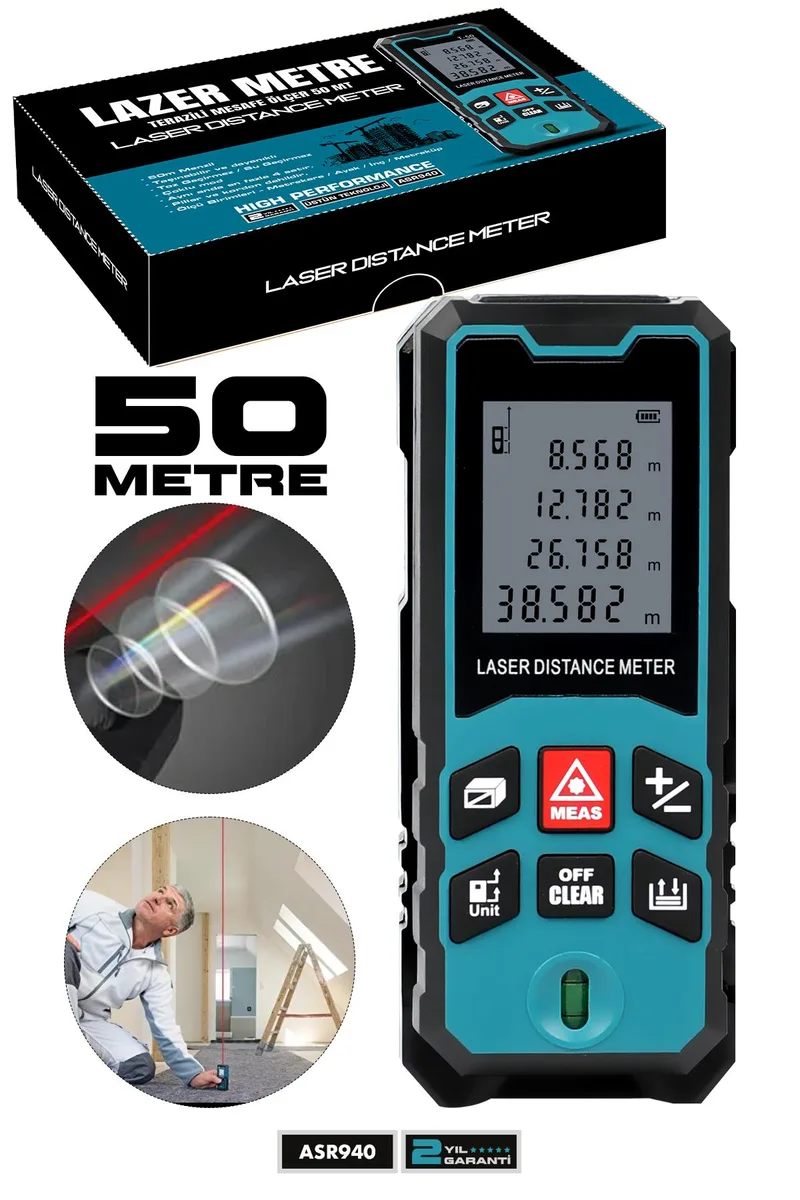 ASSUR Profesyonel Lazer Terazili Dijital Mesafe Ölçer 50 Metre Ölçüm Cihazı Mavi Lazer Metre