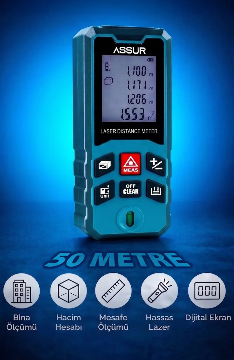ASSUR Profesyonel Lazer Terazili Dijital Mesafe Ölçer 50 Metre Ölçüm Cihazı Mavi Lazer Metre - Görsel 2