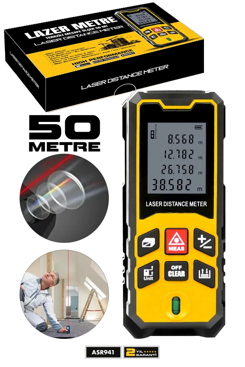 ASSUR Profesyonel Lazer Terazili Dijital Mesafe Ölçer 50 Metre Ölçüm Cihazı Sarı Lazer Metre