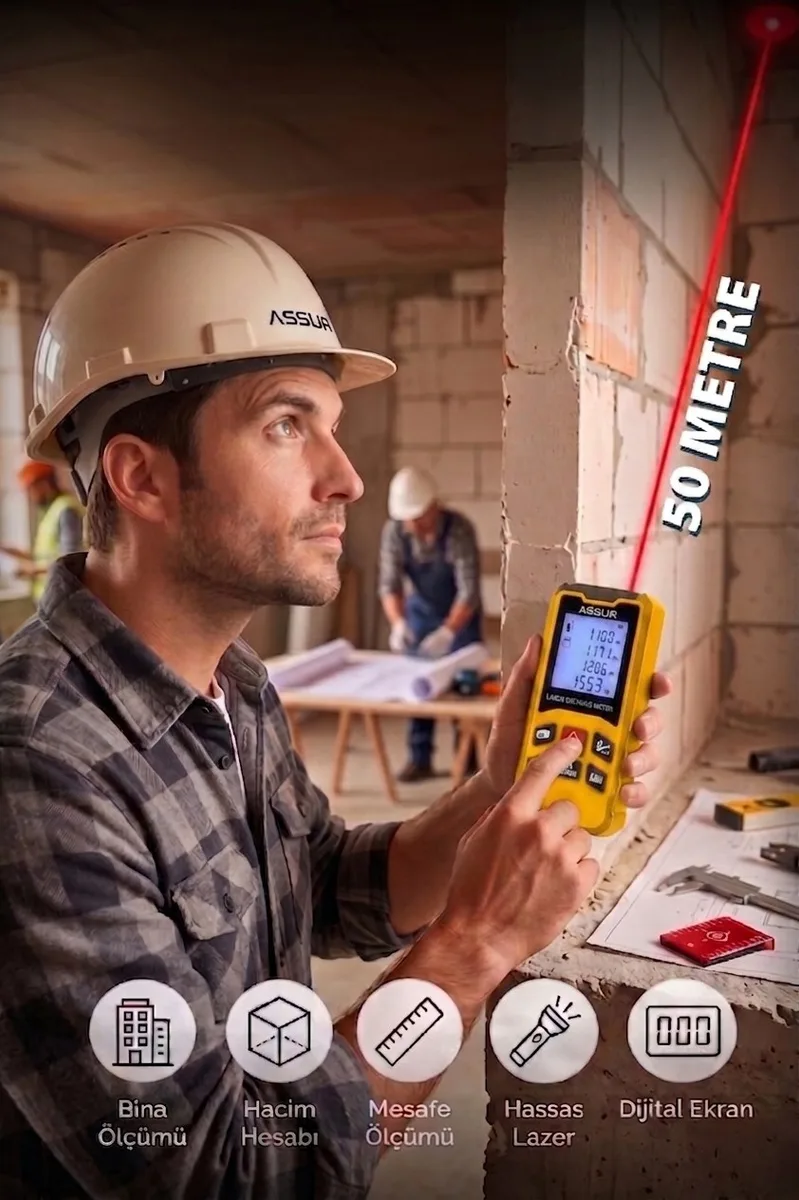 ASSUR Profesyonel Lazer Terazili Dijital Mesafe Ölçer 50 Metre Ölçüm Cihazı Sarı Lazer Metre - Görsel 2