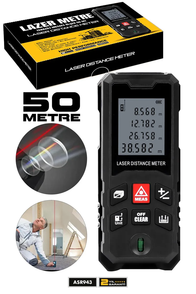 ASSUR Profesyonel Lazer Terazili Dijital Mesafe Ölçer 50 Metre Ölçüm Cihazı Siyah Lazer Metre