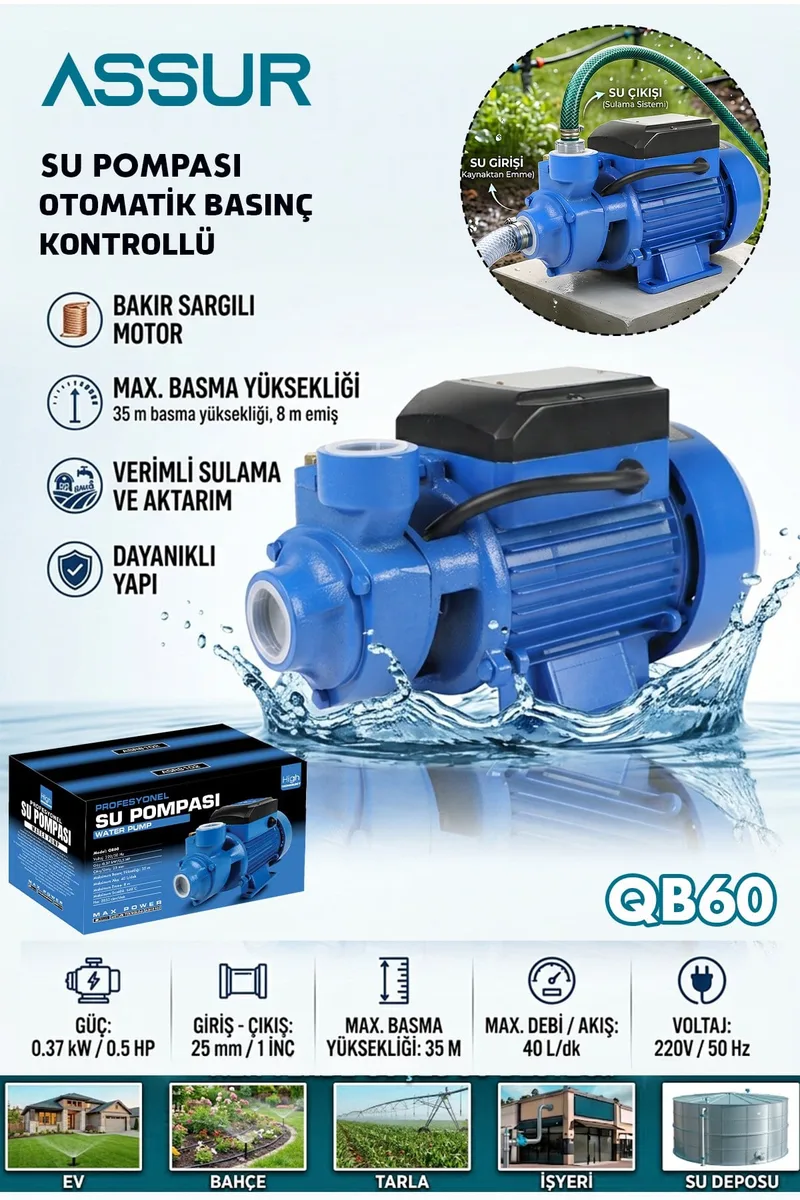 ASSUR Qb60 35m Basınç Yüksekliği 1 HP Bakır Sargı Elektrikli Santrifüj Pompa Su Motoru
