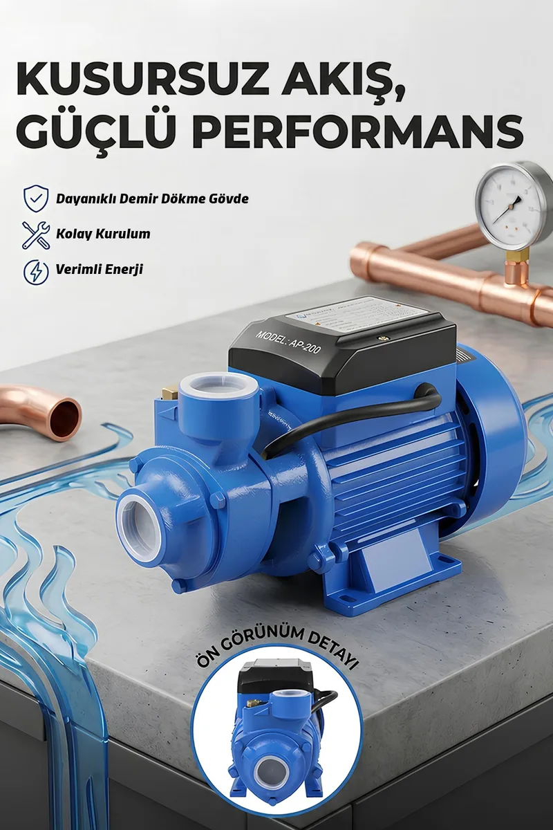 ASSUR Qb60 35m Basınç Yüksekliği 1 HP Bakır Sargı Elektrikli Santrifüj Pompa Su Motoru - Görsel 2
