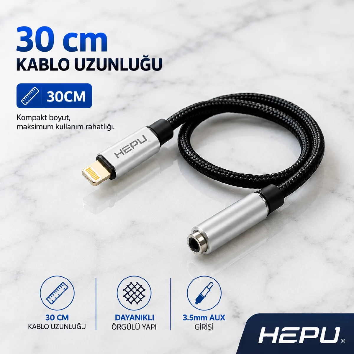 HEPU HP-19 iOS AUX Dönüştürücü – Lightning Girişli iPhone & iPad için Ses Adaptörü (30 cm) - Görsel 5