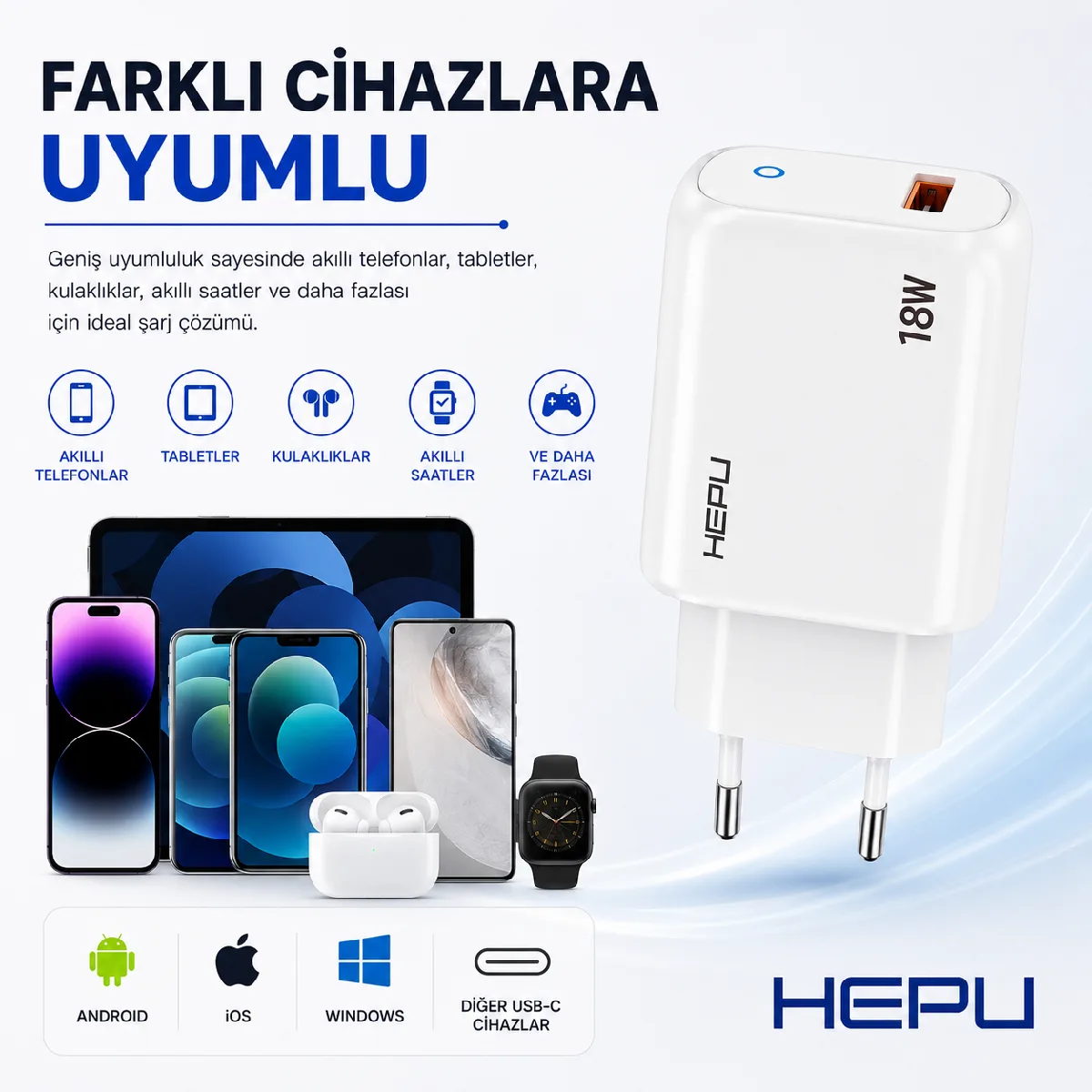HEPU HP-618 18W 3A Hızlı Şarj Adaptörü – Qualcomm Quick Charge + Type-C Kablo Dahil - Görsel 8