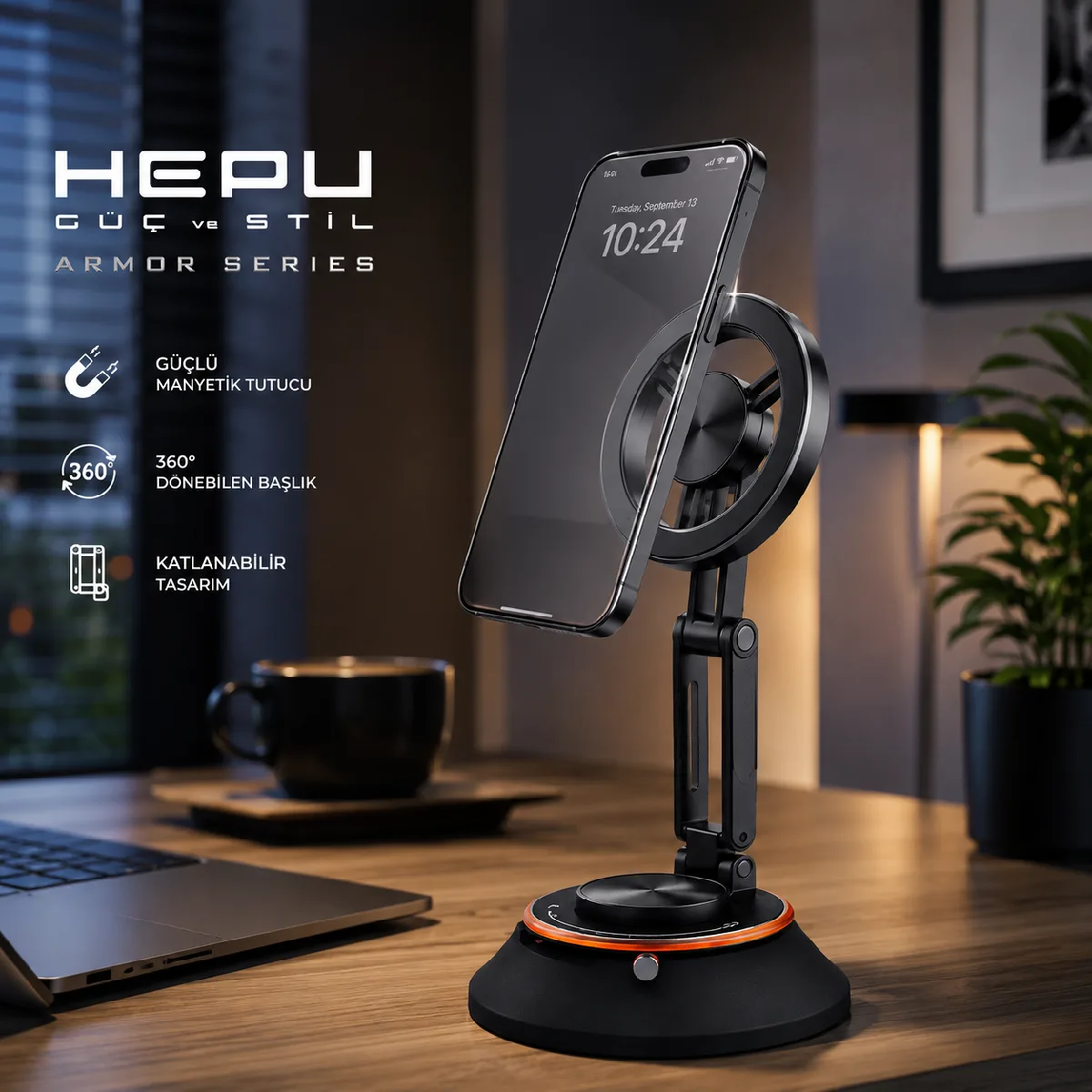 HEPU HP-AA01 Manyetik Araç İçi Telefon Tutucu – 360° Dönebilen, Katlanabilir Alüminyum Gövde - Görsel 3