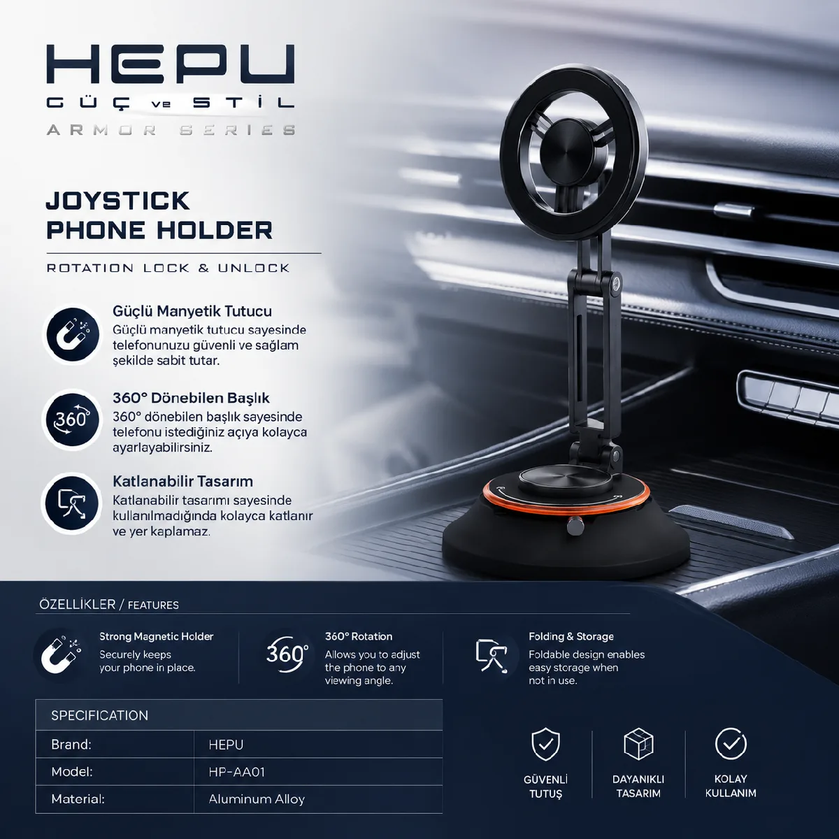 HEPU HP-AA01 Manyetik Araç İçi Telefon Tutucu – 360° Dönebilen, Katlanabilir Alüminyum Gövde - Görsel 7