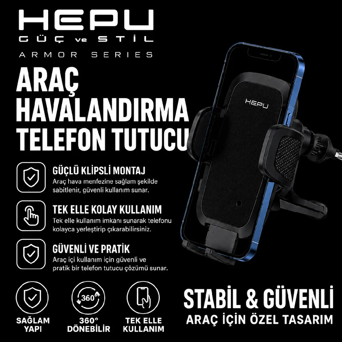 HEPU HP-AA04 Armor Havalandırma Tipi Araç Telefon Tutucu – Otomatik Kilitli, 360° Dönebilen Tasarım - Görsel 7