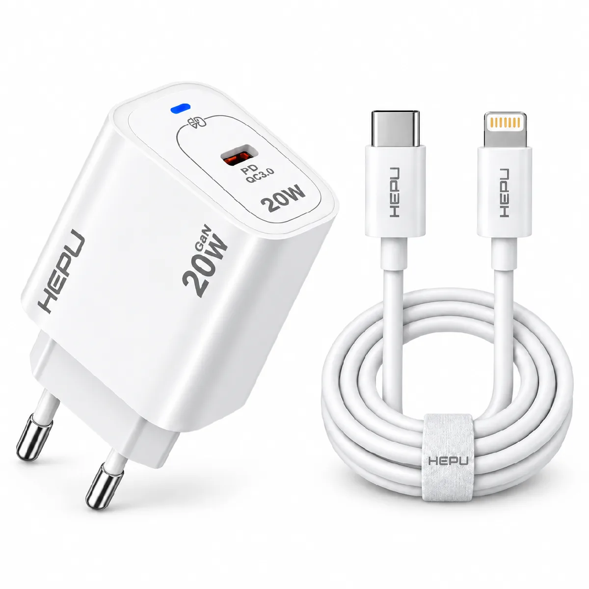 HEPU HP-AC03 20W GaN PD Şarj Adaptörü – Hızlı Şarj, Type-C to Lightning Kablo Dahil