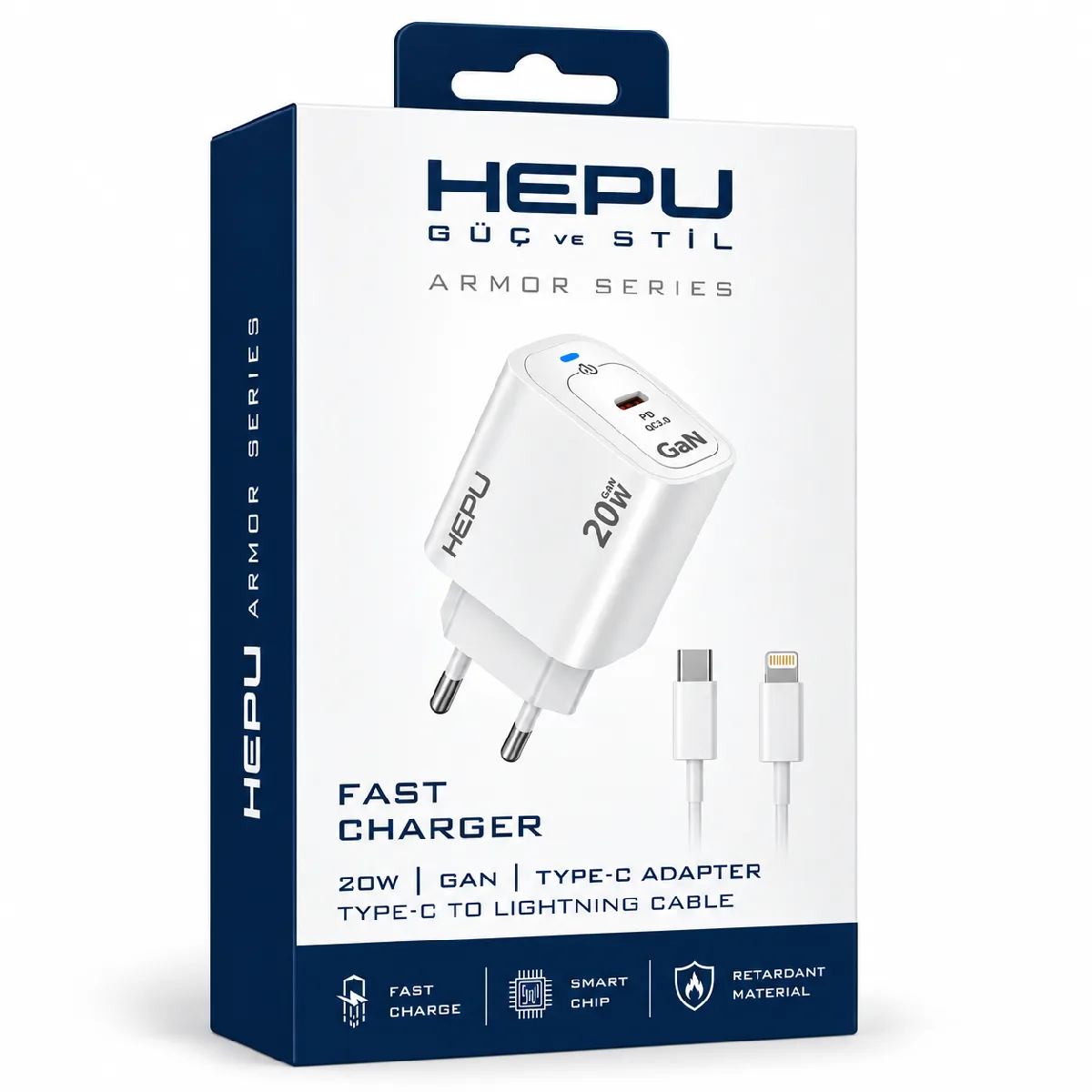 HEPU HP-AC03 20W GaN PD Şarj Adaptörü – Hızlı Şarj, Type-C to Lightning Kablo Dahil - Görsel 4