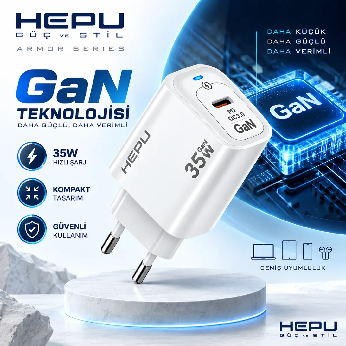 HEPU HP-AC05 35W GaN PD Şarj Adaptörü – Hızlı Şarj - Görsel 5