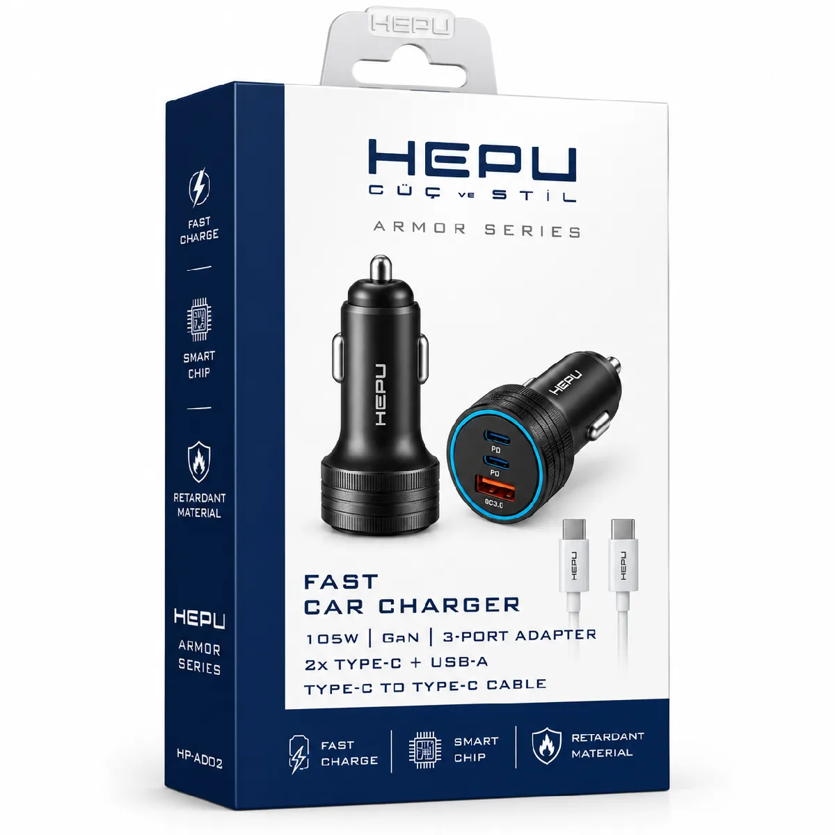 HEPU HP-AD02 105W Araç Şarj Cihazı – 3 Port, Hızlı Şarj, Type-C to Type-C Kablo Dahil - Görsel 5