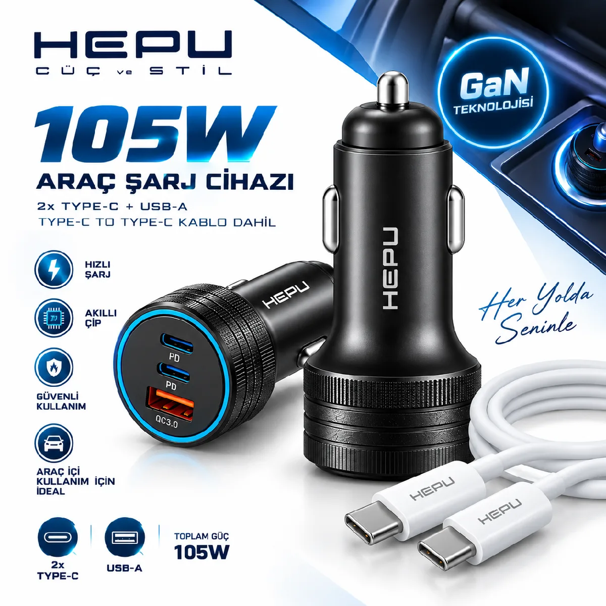HEPU HP-AD02 105W Araç Şarj Cihazı – 3 Port, Hızlı Şarj, Type-C to Type-C Kablo Dahil - Görsel 6