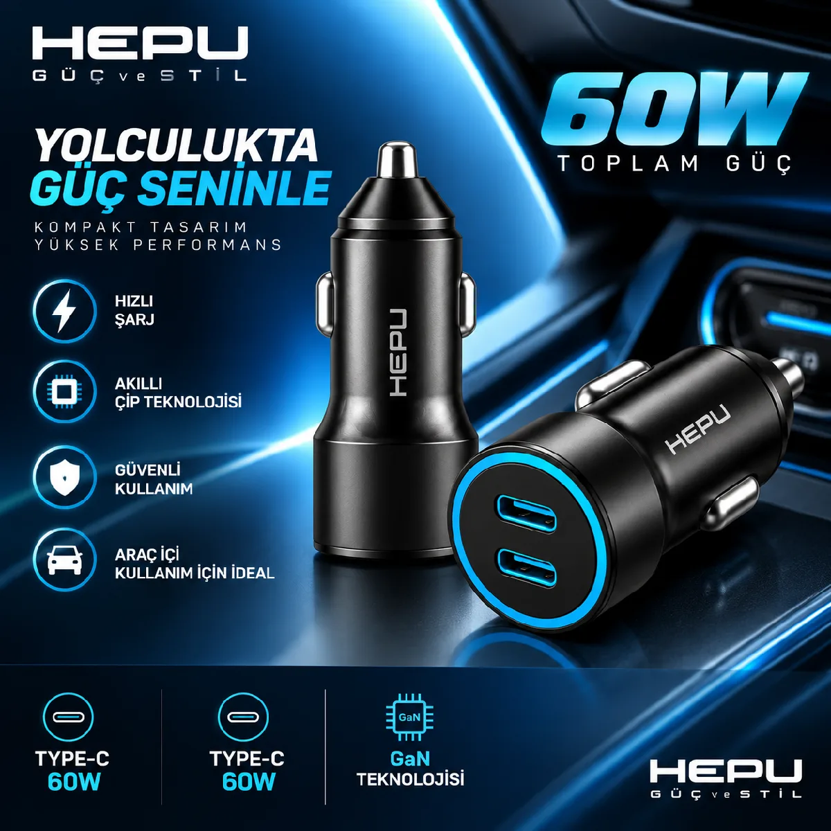HEPU HP-AD03 60W Araç Şarj Cihazı – 2 Port, Hızlı Şarj - Görsel 5