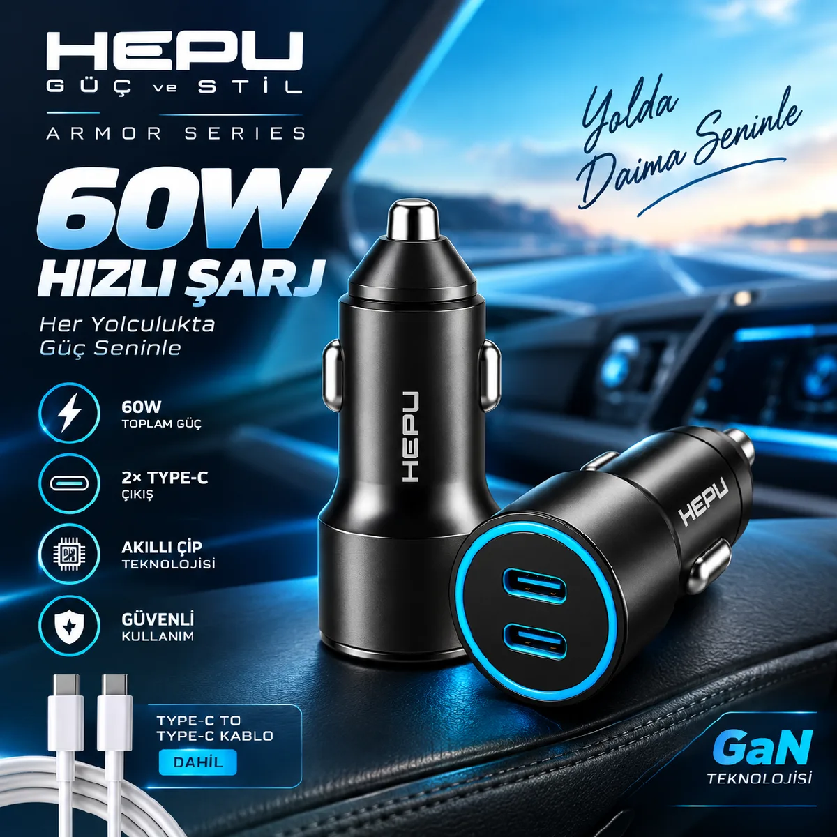 HEPU HP-AD04 60W Araç Şarj Cihazı – 2 Port, Hızlı Şarj, Type-C to Type-C Kablo Dahil - Görsel 5