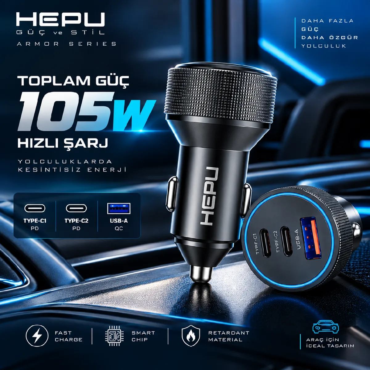 HEPU HP-AD05 105W Araç Şarj Cihazı – 3 Port, Hızlı Şarj - Görsel 6
