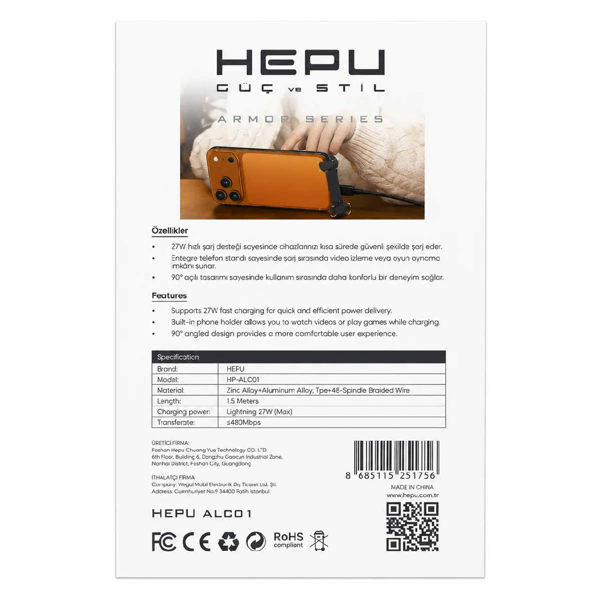 HEPU HP-ALC01 Armor Type-C to Lightning Hızlı Şarj Kablosu – 27W PD, Telefon Standlı Tasarım (1.5 Metre) - Görsel 2