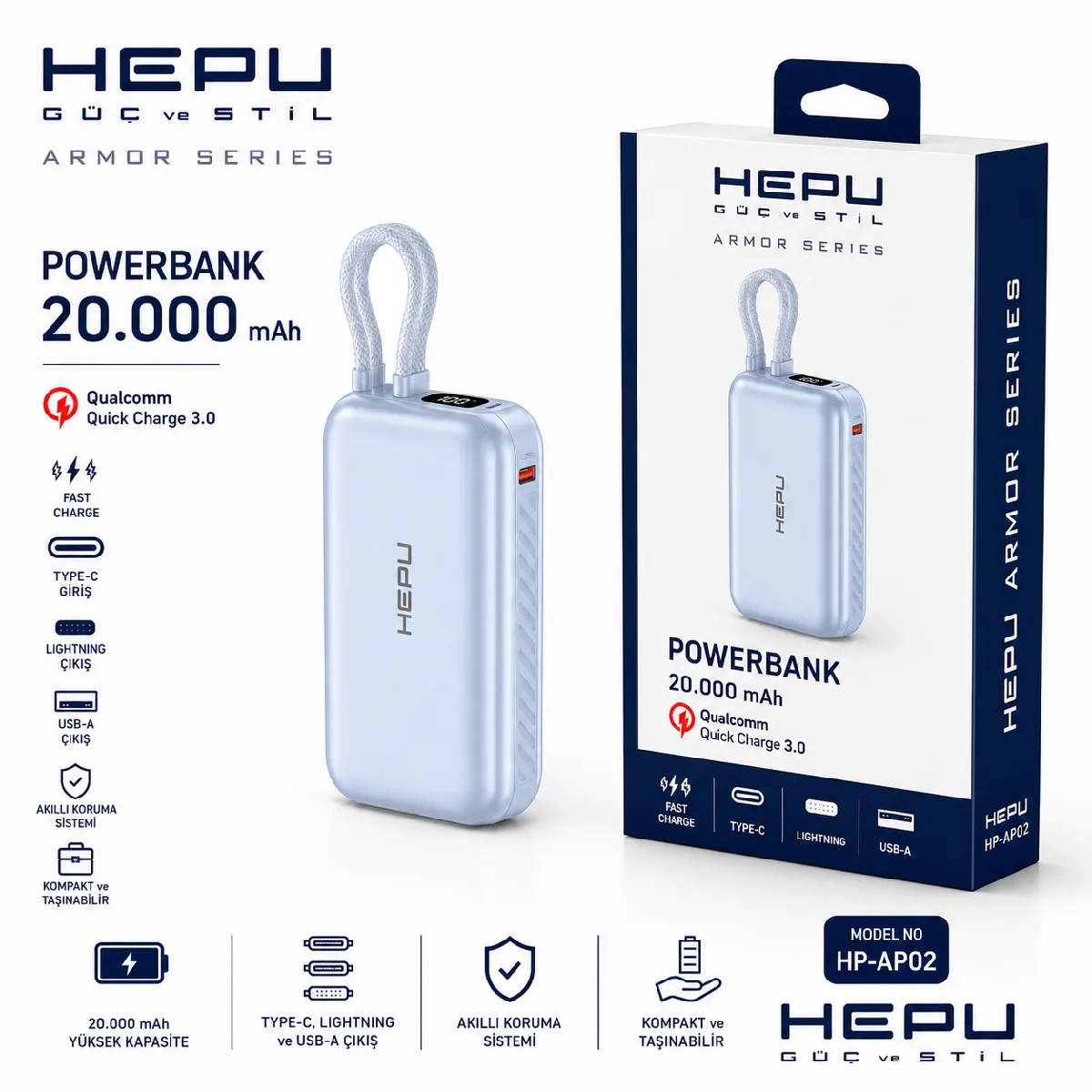 HEPU HP-AP02 Armor Powerbank – 20.000 mAh, Type-Cve USB-A Çıkışlı, Hızlı Şarj Destekli - Görsel 3