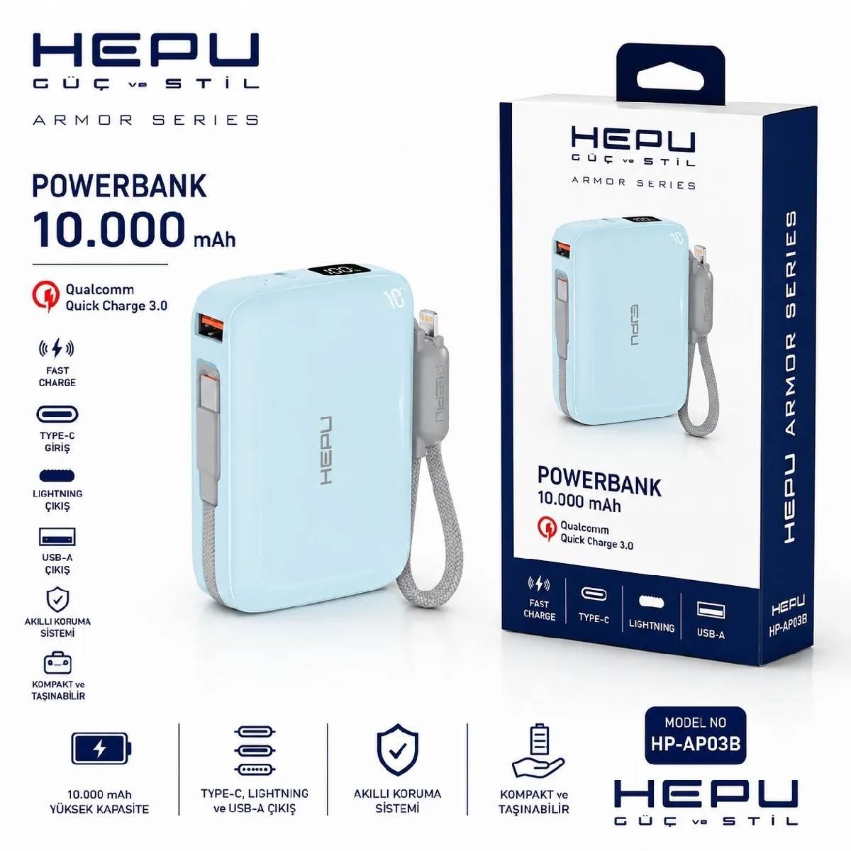 HEPU HP-AP03B Armor Powerbank – 10.000 mAh, Type-C, Lightning ve USB-A Çıkışlı, Hızlı Şarj Destekli - Görsel 2