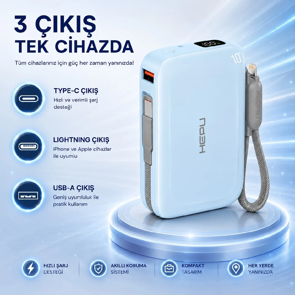 HEPU HP-AP03B Armor Powerbank – 10.000 mAh, Type-C, Lightning ve USB-A Çıkışlı, Hızlı Şarj Destekli - Görsel 6