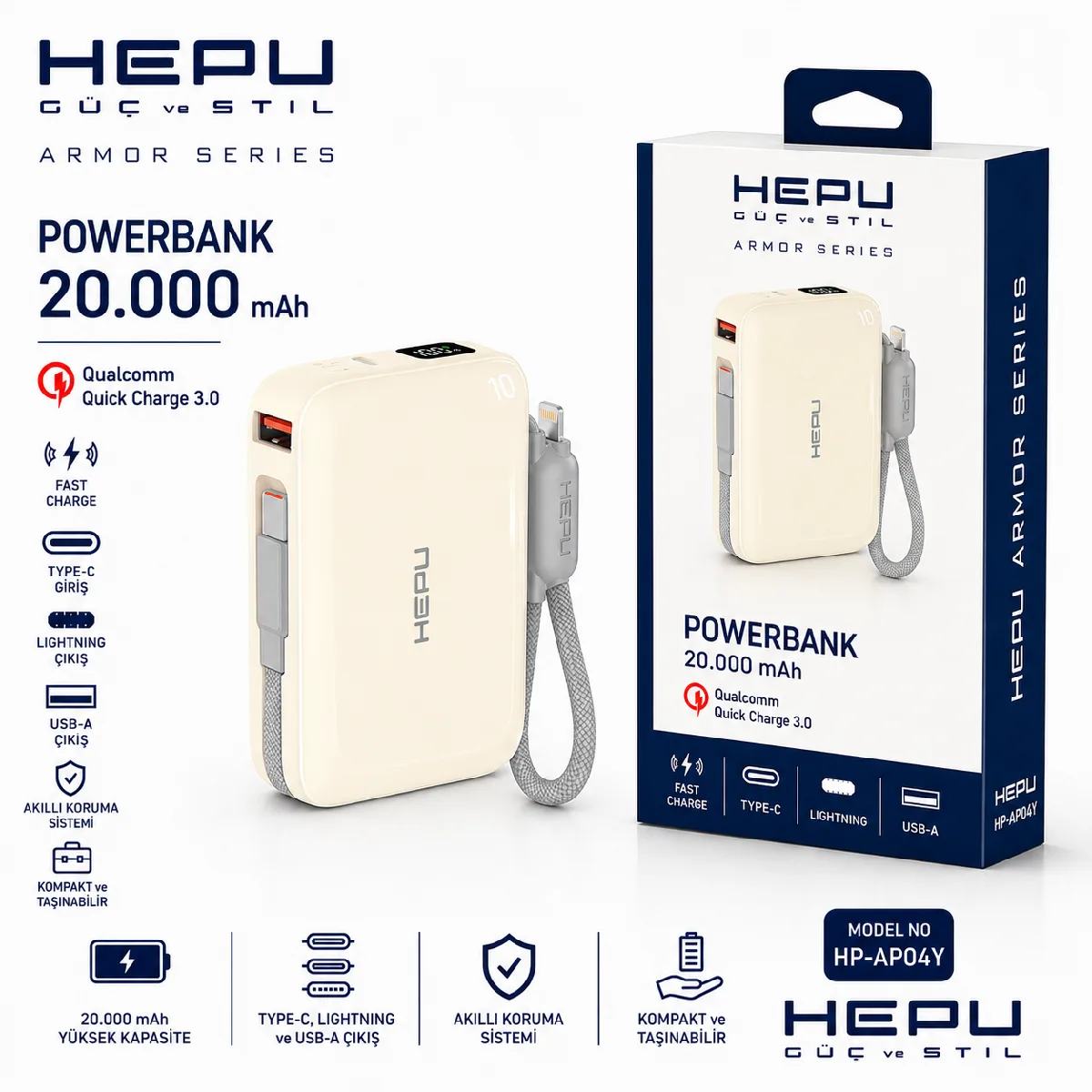 HEPU HP-AP04Y Armor Powerbank – 20.000 mAh, Type-C, Lightning ve USB-A Çıkışlı, Hızlı Şarj Destekli, Krem - Görsel 3
