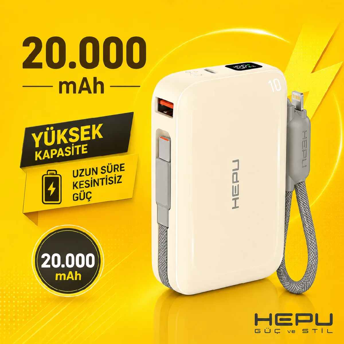 HEPU HP-AP04Y Armor Powerbank – 20.000 mAh, Type-C, Lightning ve USB-A Çıkışlı, Hızlı Şarj Destekli, Krem - Görsel 4