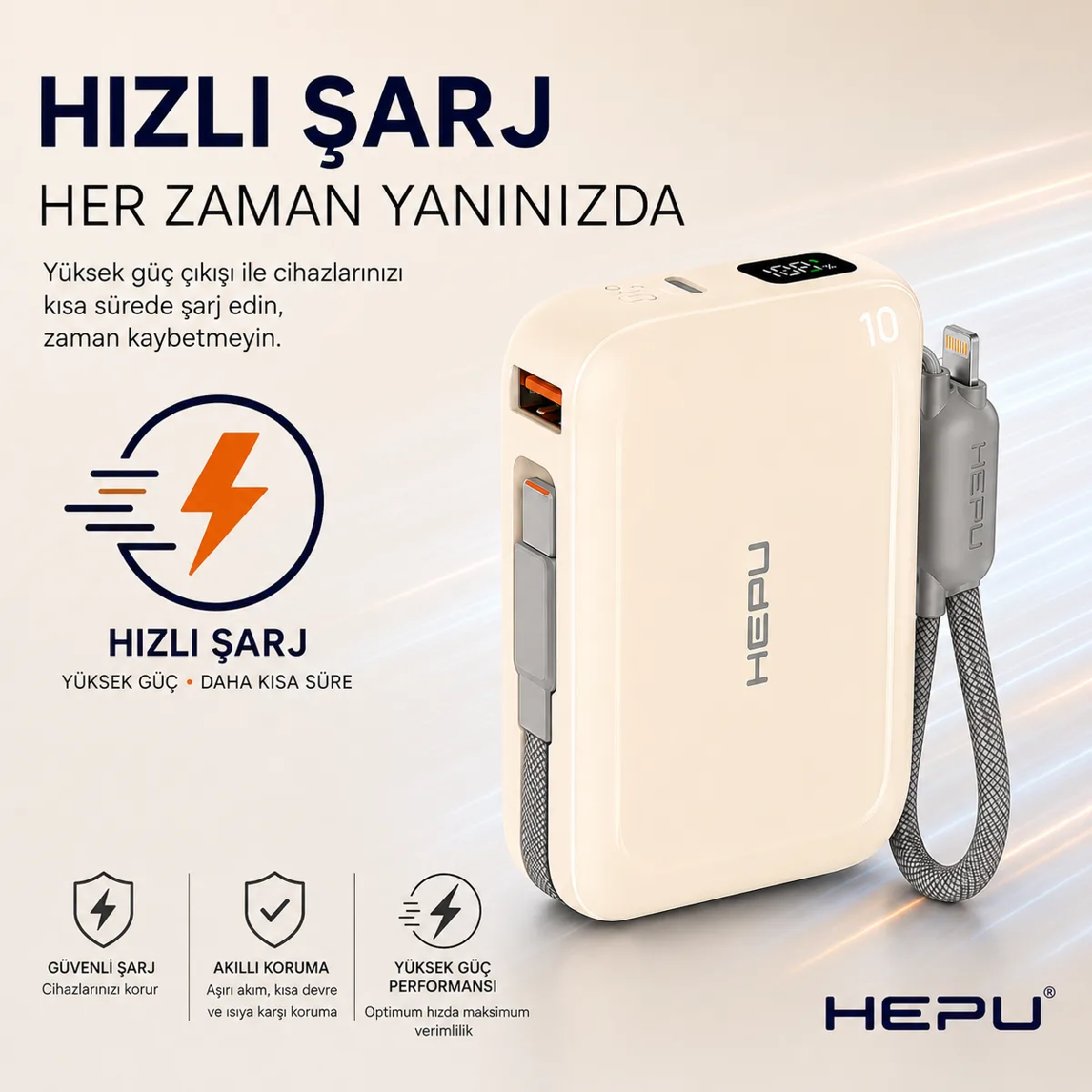 HEPU HP-AP04Y Armor Powerbank – 20.000 mAh, Type-C, Lightning ve USB-A Çıkışlı, Hızlı Şarj Destekli, Krem - Görsel 6
