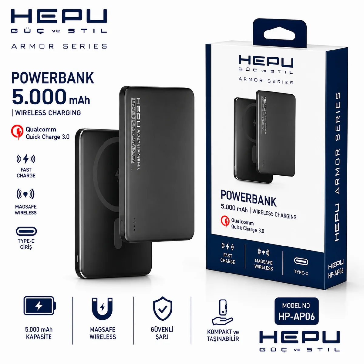 HEPU HP-AP06 Armor MagSafe Powerbank – 5.000 mAh, Kablosuz Hızlı Şarj, Siyah - Görsel 3
