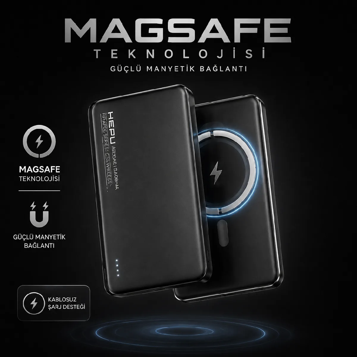 HEPU HP-AP06 Armor MagSafe Powerbank – 5.000 mAh, Kablosuz Hızlı Şarj, Siyah - Görsel 4