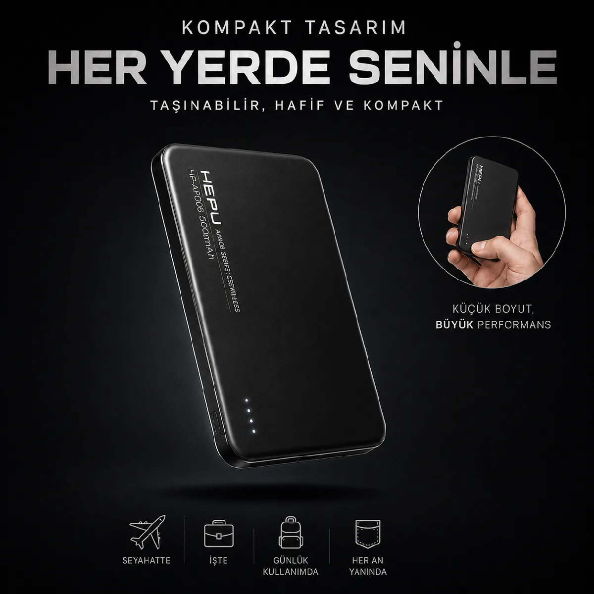 HEPU HP-AP06 Armor MagSafe Powerbank – 5.000 mAh, Kablosuz Hızlı Şarj, Siyah - Görsel 6