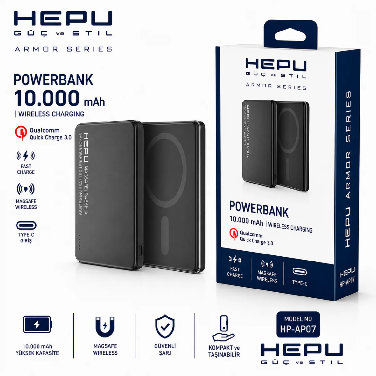 HEPU HP-AP07 Armor MagSafe Powerbank – 10.000 mAh, Manyetik Kablosuz Şarj, Hızlı Şarj Destekli - Görsel 3