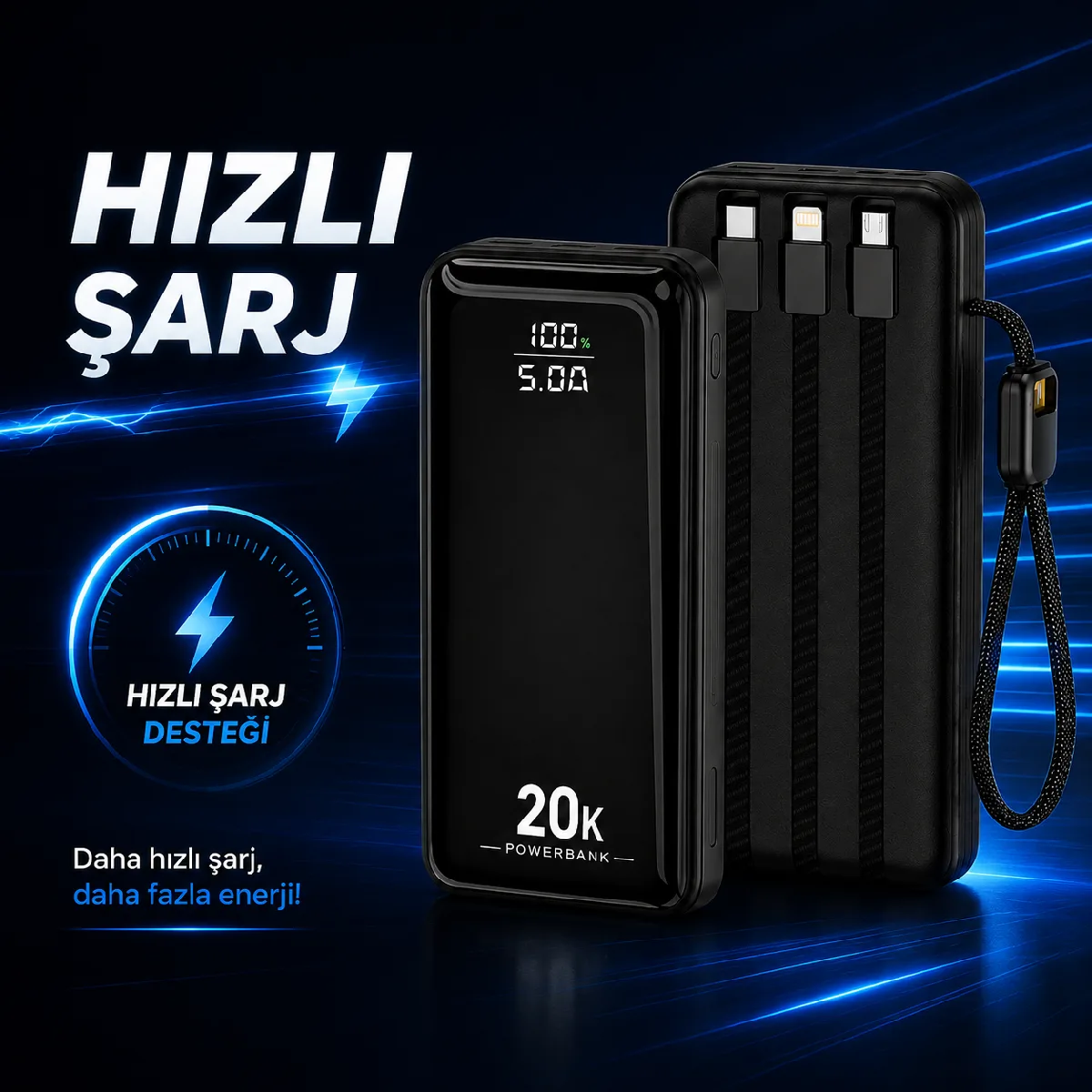 HEPU HP-AP09 Armor Powerbank – 20.000 mAh, Entegre Çoklu Kablolu, Dijital Göstergeli, Hızlı Şarj Destekli - Görsel 4