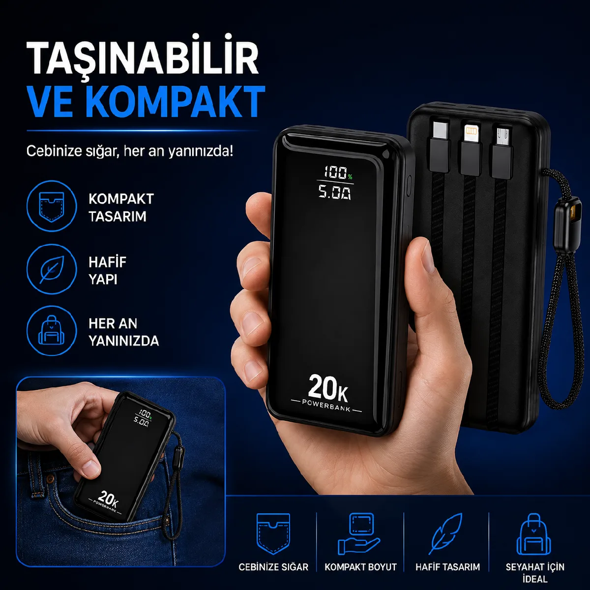 HEPU HP-AP09 Armor Powerbank – 20.000 mAh, Entegre Çoklu Kablolu, Dijital Göstergeli, Hızlı Şarj Destekli - Görsel 7