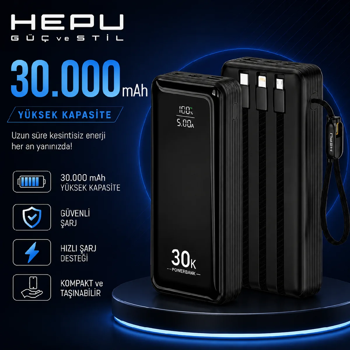 HEPU HP-AP10 Armor Powerbank – 30.000 mAh, Entegre Çoklu Kablolu, Dijital Göstergeli, Hızlı Şarj Destekli - Görsel 6