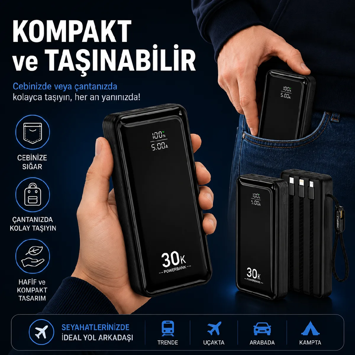 HEPU HP-AP10 Armor Powerbank – 30.000 mAh, Entegre Çoklu Kablolu, Dijital Göstergeli, Hızlı Şarj Destekli - Görsel 7
