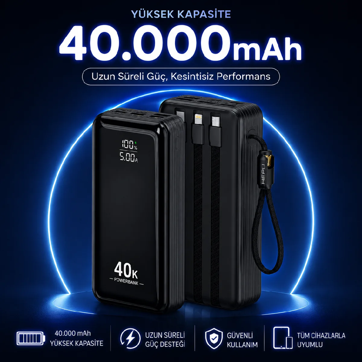 HEPU HP-AP11 Armor Powerbank – 40.000 mAh, Entegre Çoklu Kablolu, Dijital Göstergeli, Hızlı Şarj Destekli - Görsel 6
