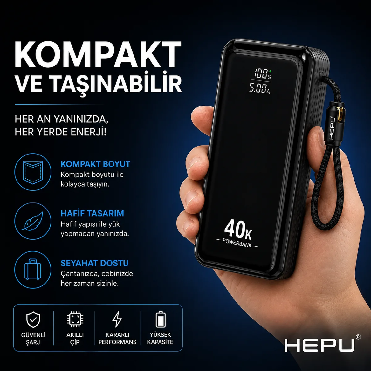 HEPU HP-AP11 Armor Powerbank – 40.000 mAh, Entegre Çoklu Kablolu, Dijital Göstergeli, Hızlı Şarj Destekli - Görsel 7