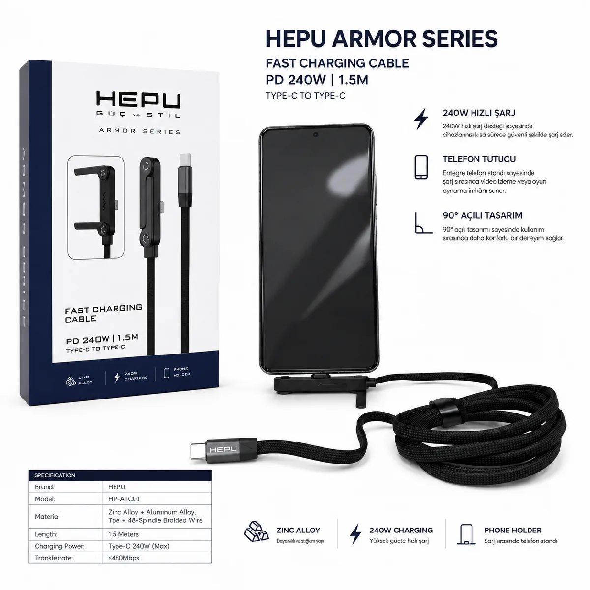 HEPU HP-ATC01 Armor Type-C to Type-C Hızlı Şarj Kablosu – 240W PD, Telefon Standlı Tasarım (1.5 Metre) - Görsel 2