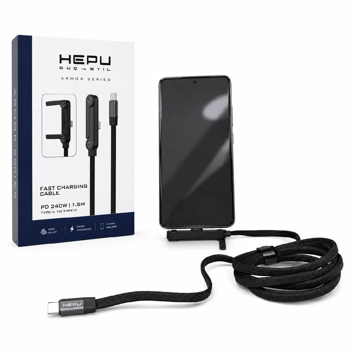 HEPU HP-ATC01 Armor Type-C to Type-C Hızlı Şarj Kablosu – 240W PD, Telefon Standlı Tasarım (1.5 Metre) - Görsel 3