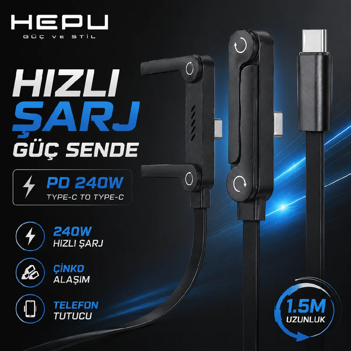 HEPU HP-ATC01 Armor Type-C to Type-C Hızlı Şarj Kablosu – 240W PD, Telefon Standlı Tasarım (1.5 Metre) - Görsel 7