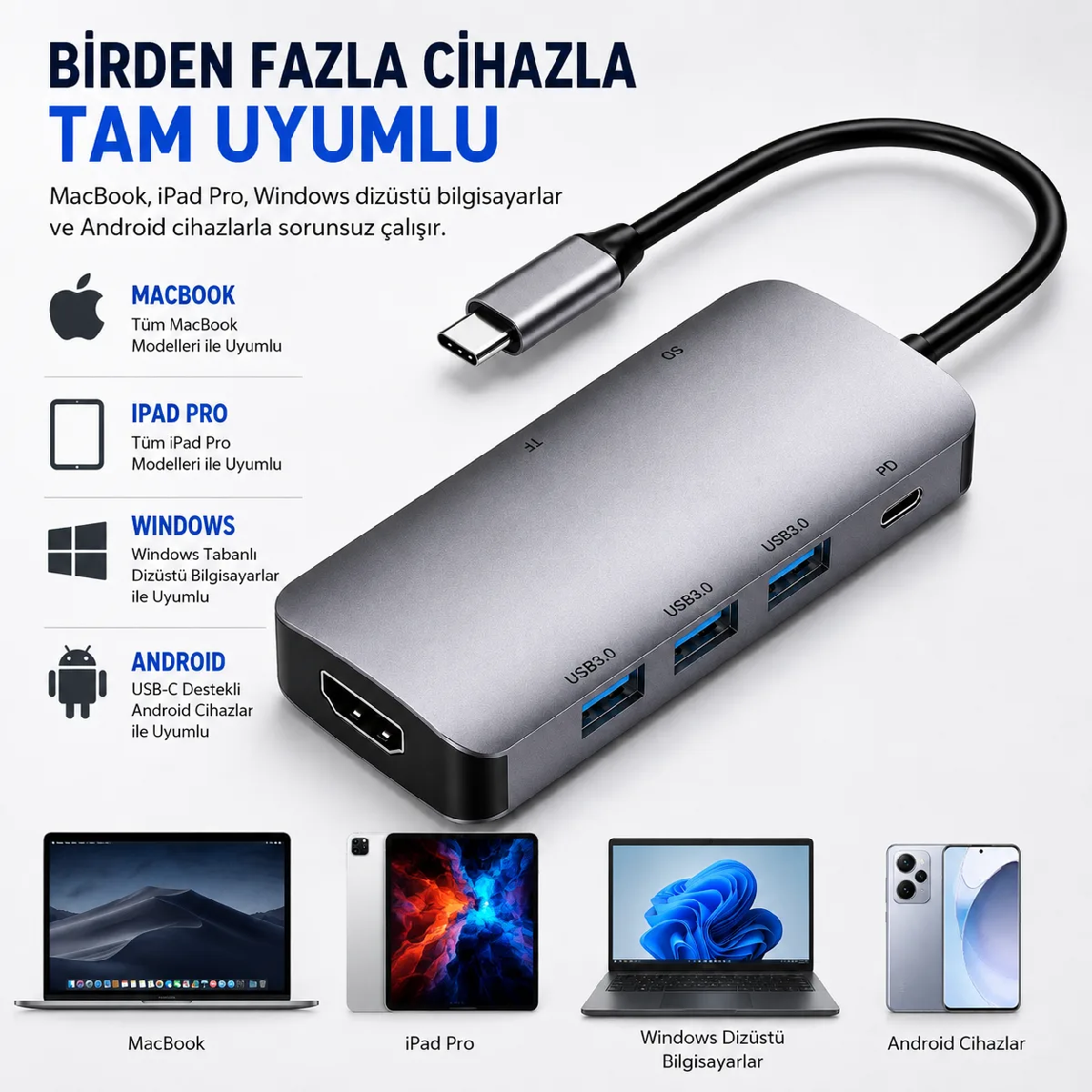 HEPU HP-B17 7-in-1 Type-C USB-C HUB – HDMI + 3x USB 3.0 + SD/TF Kart Okuyucu + Type-C PD Girişli Adaptör - Görsel 5