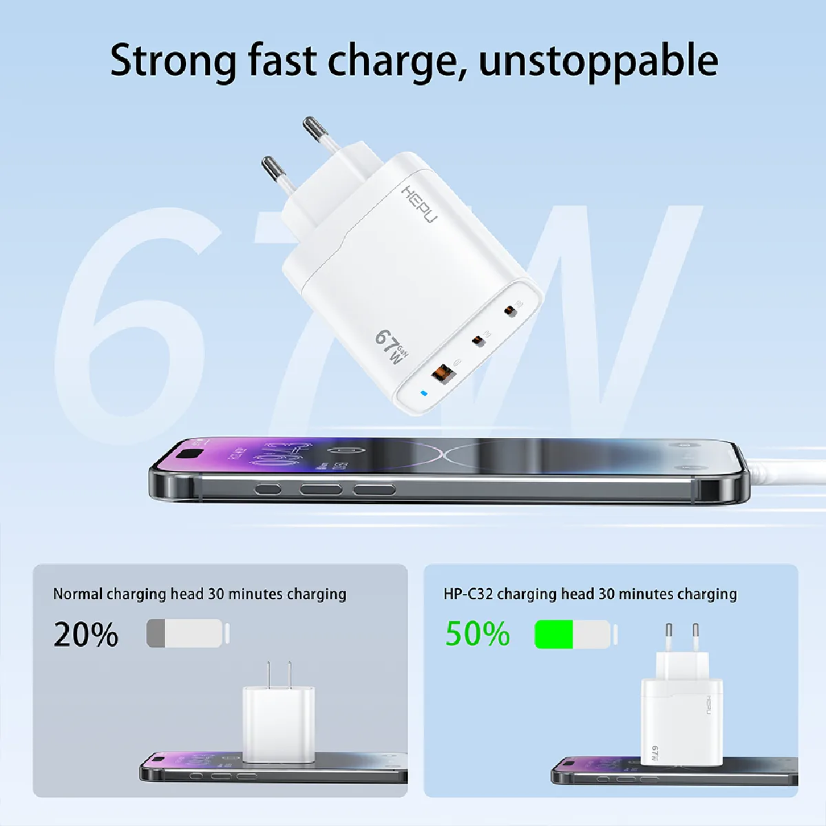 HEPU HP-C32 67W USB-C GaN Güç Adaptörü –Type-C Kablo Dahildir - Görsel 3