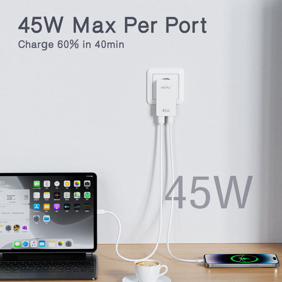 HEPU HP-C35 45W GaN Hızlı Şarj Adaptörü – Type-C Kablo Dahildir - Görsel 6