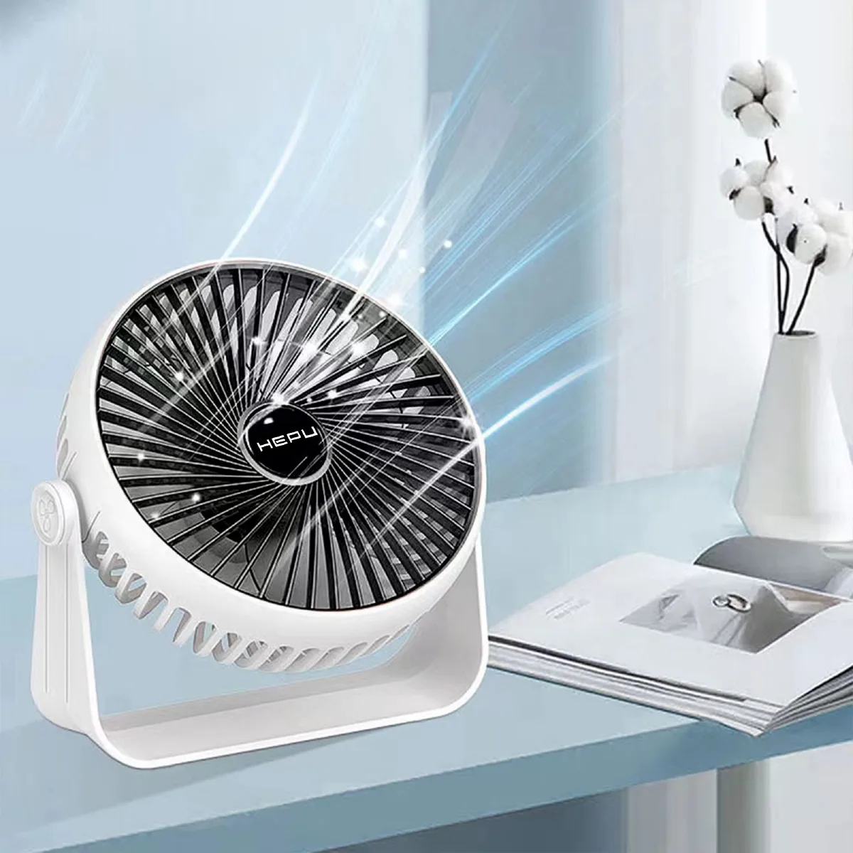 HEPU HP-F02 USB Şarjlı Sessiz Masaüstü Mini Fan – 360° Dönebilen Gövde, 3 Kademeli - Görsel 2