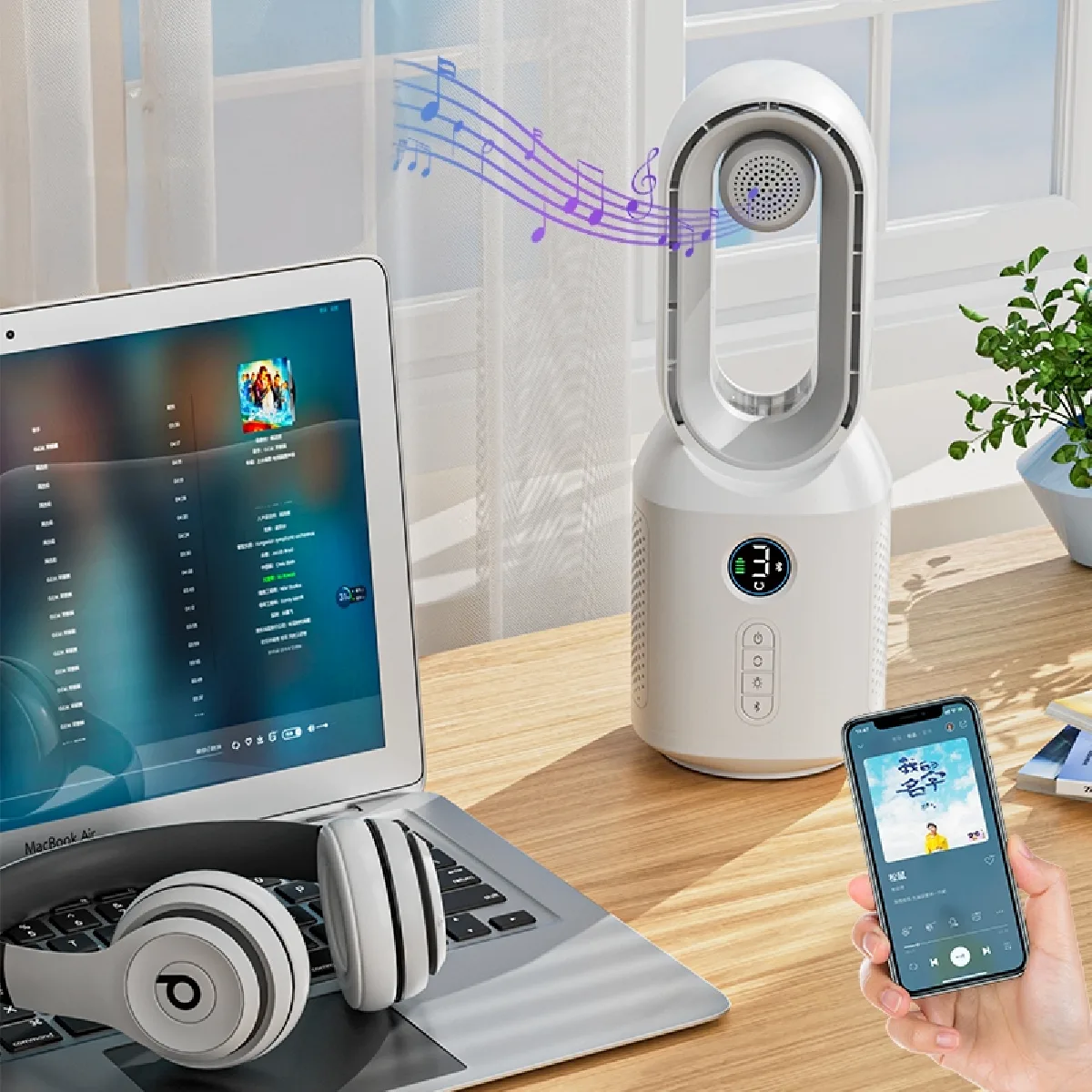 HEPU HP-F29 Sessiz Pervanesiz 360° Döner USB Şarjlı Masaüstü Fan – Bluetooth Hoparlörlü, Gece Lambalı, 3'ü 1 Arada Akıllı Tasarım - Görsel 4