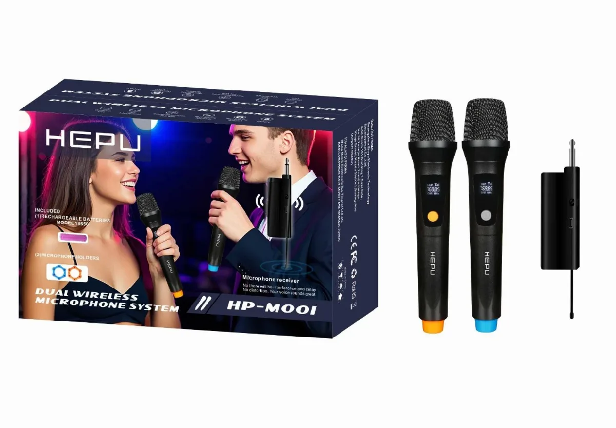 HEPU HP-M001 Çiftli Kablosuz Mikrofon Sistemi – Dijital Ekranlı, Gecikmesiz Ses Aktarımı, Şarjlı Alıcı ile Pratik Kurulum